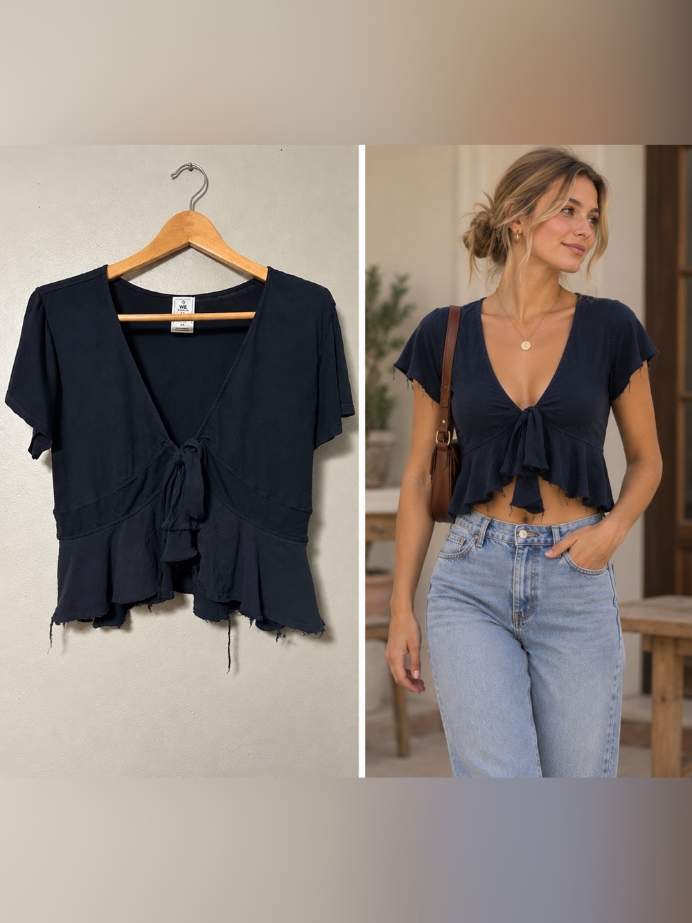 We The Free Blouse Womens M Black Tie Front Ruffle Hem Cropped Top Short Sleeve